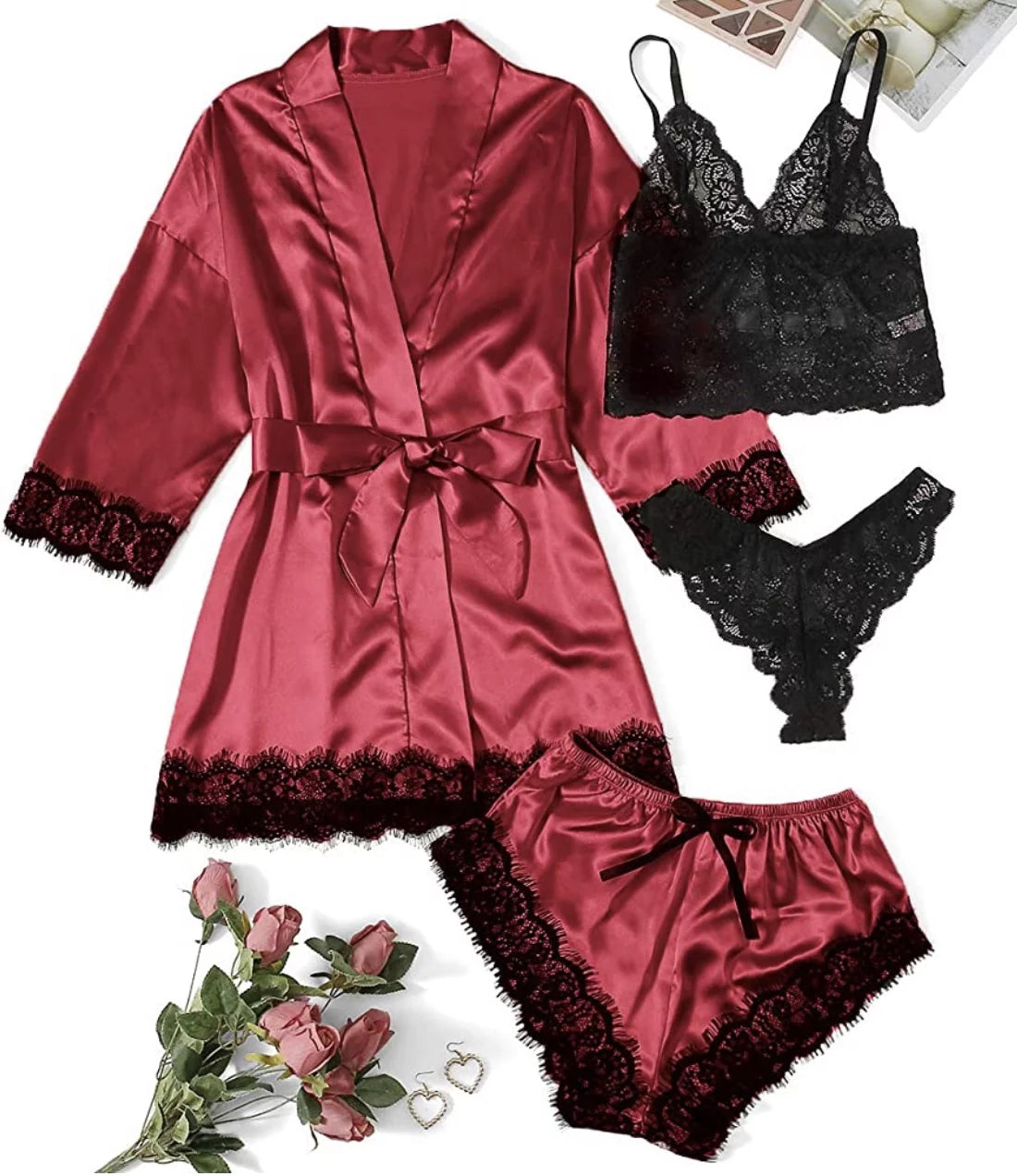 Sexy Lingerie, Silk Satin Pajamas for Women, Womens Summer Pajamas Pjs Sets of 4 Pcs with Floral Lace Top Shorts and Robe, Gift for Women, Burgundy, XXL