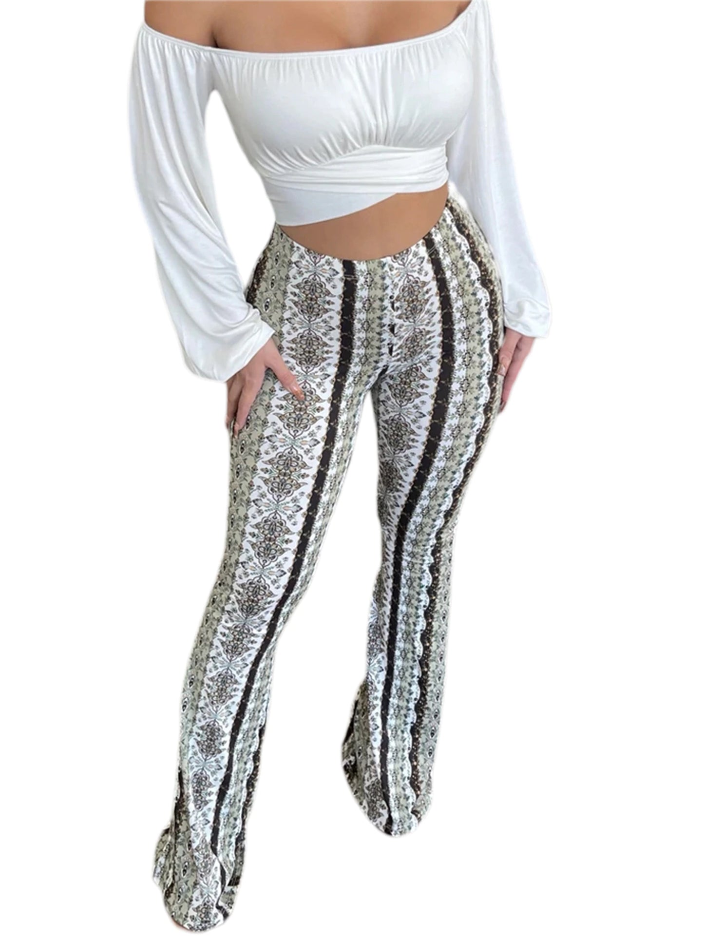 Frauen Boho Flare Pants Ethnic Tribal Print Bell Bottom Yoga Palazzo Hose