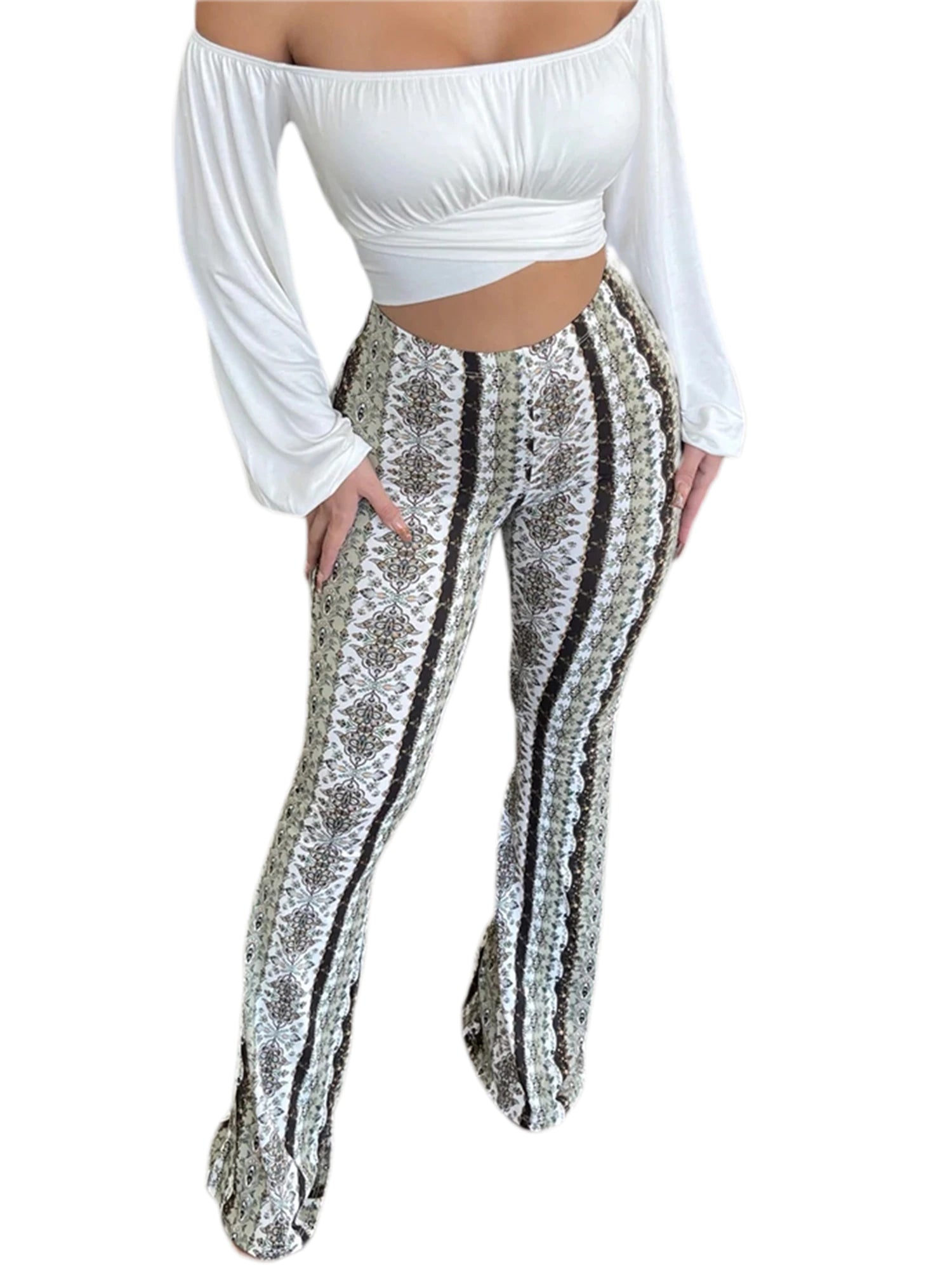 Frauen Boho Flare Pants Ethnic Tribal Print Bell Bottom Yoga Palazzo Hose