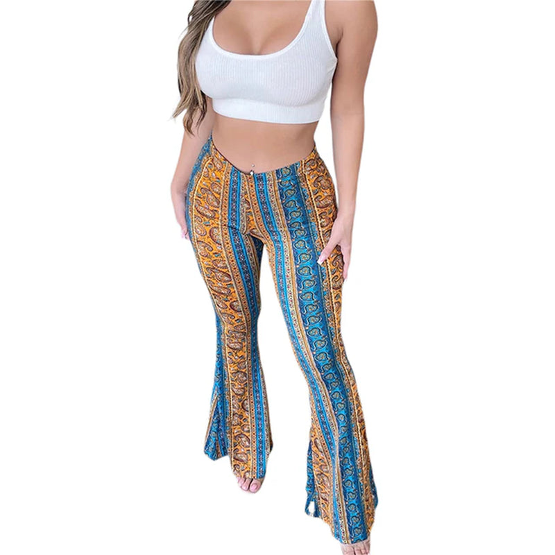 Frauen Boho Flare Pants Ethnic Tribal Print Bell Bottom Yoga Palazzo Hose